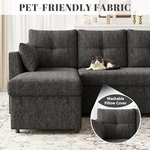 Oversized Sleeper Sofa Couch with Double Storage Chaise, Dark Grey B422253