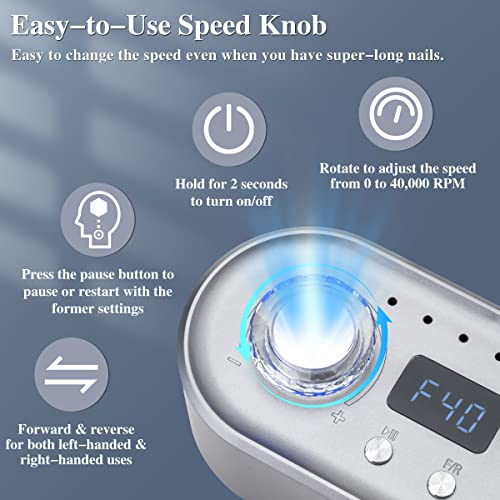 40000 RPM Nail Drill Machine for Acrylic and Gel Nails, Professional Electric Nail File with Light, Gray R73546