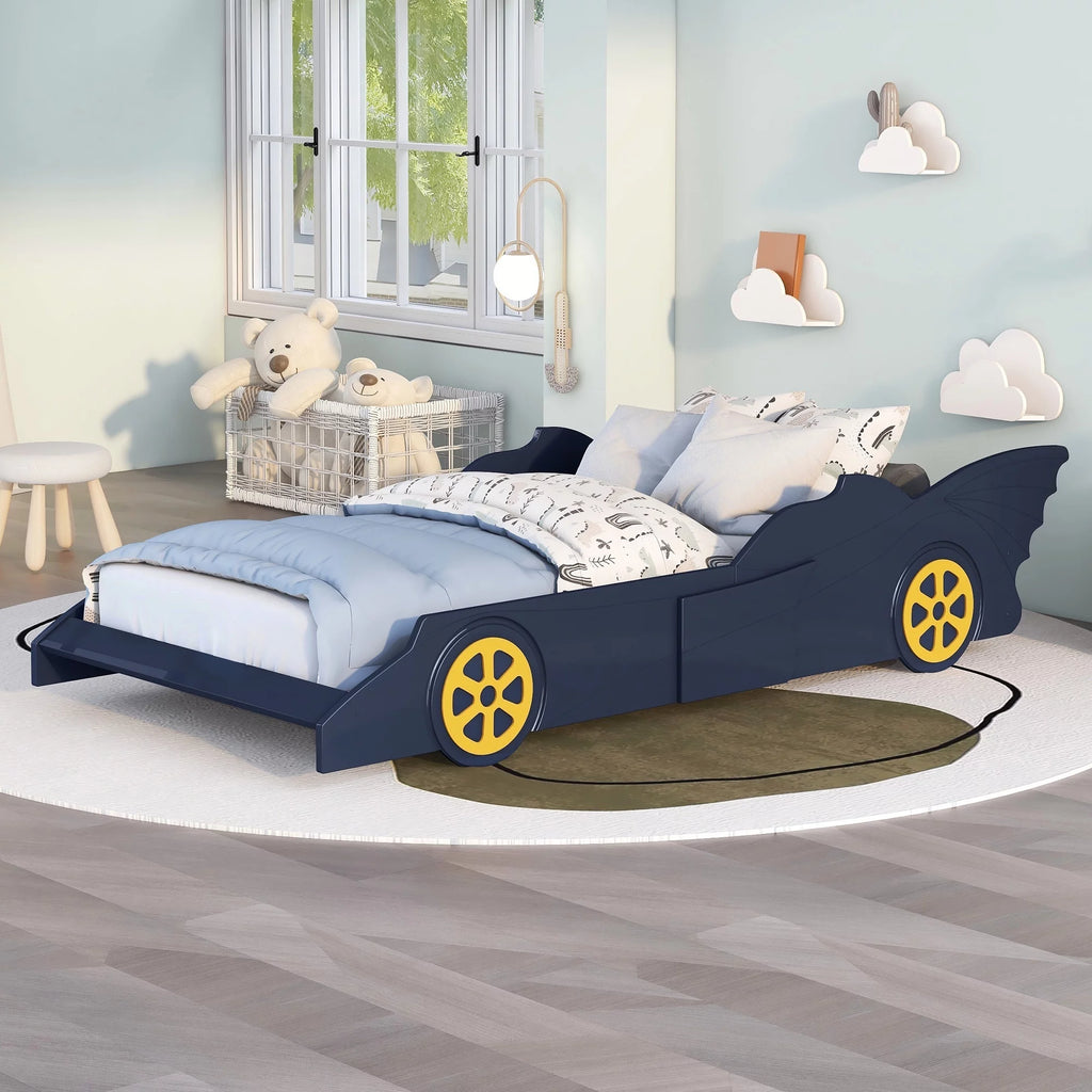 Race Car Shaped Twin Bed Frame with Wheels, Wooden Slats, No Box Spring Needed E72786