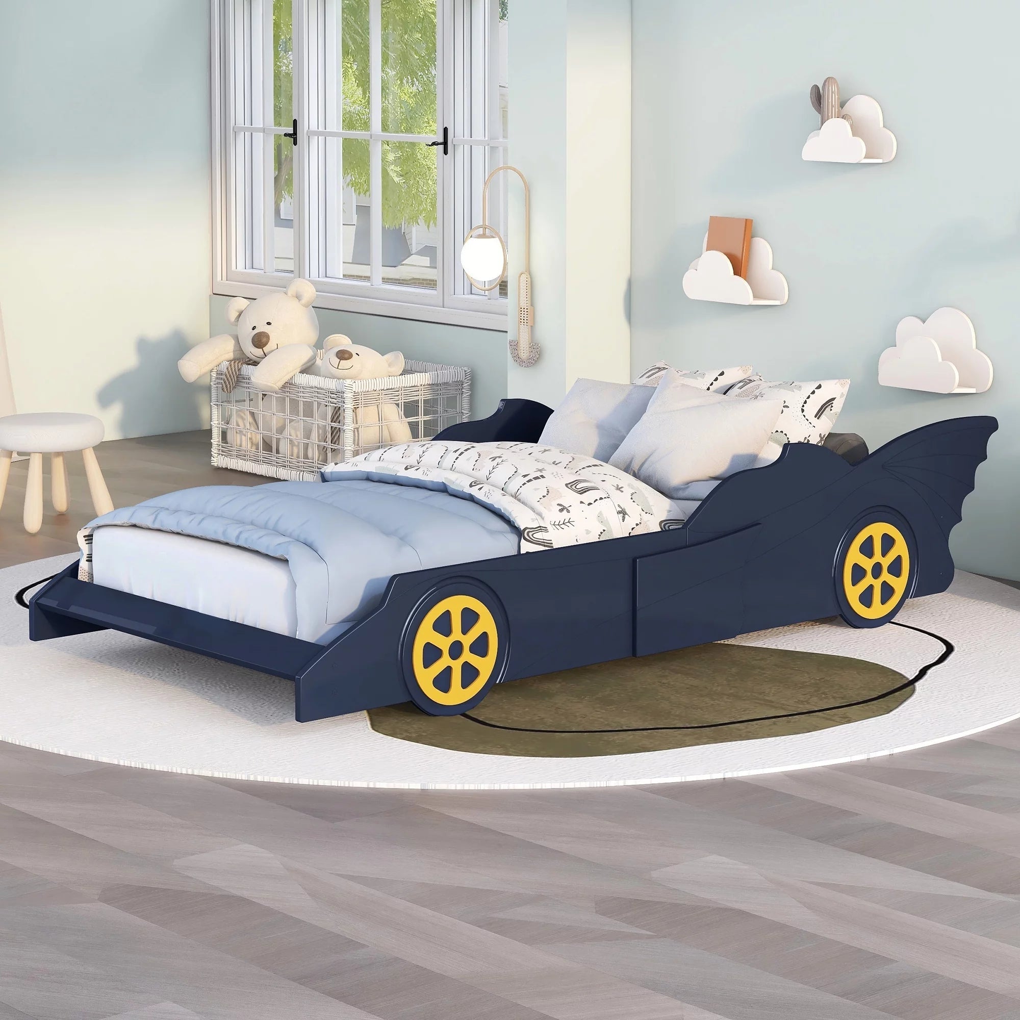 Race Car Shaped Twin Bed Frame with Wheels, Wooden Slats, No Box Spring Needed E72786