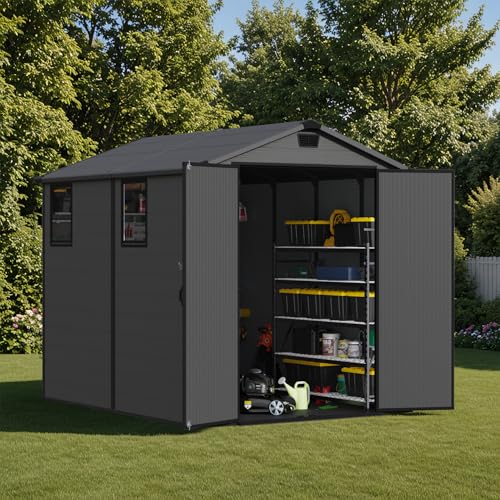 6 x 8 FT Plastic Outdoor Storage Shed with Floor and Lockable Door D7513