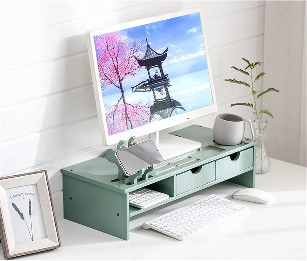 Bamboo Wood Monitor Stand Ergonomic Computer Riser 2-Tier Drawers Adjustable with Storage Organizer Drawers Desktop Laptop Shelf Risers Cellphone Stand for Home and Office Use
