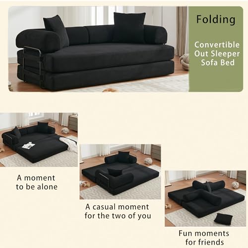 Corduroy Convertible Sleeper Sofa Bed with Pillow, Beige O72530