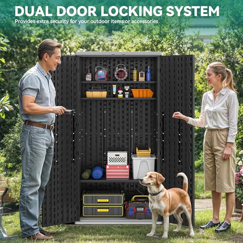 Outdoor Storage Cabinet with 2 Shelves, Waterproof Resin Tool Shed, Lockable, Dark Gray M33386