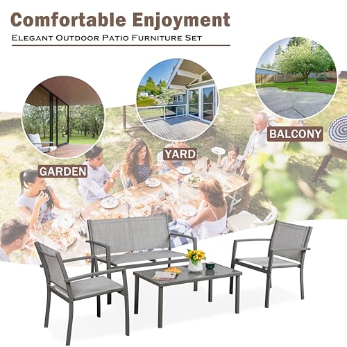 Patio Furniture Set with Glass Coffee Table, 4 Pieces, Black Q940