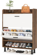 Shoe Cabinet, Vintage Entryway Shoe Organizer Rack, 2-Tier Shoe Storage Cabinet with Flip Doors with Open Shelves for Narrow Closet, Entryway, Living Room (Brown)