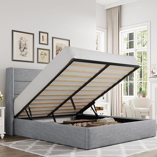 Full Size Lift Up Storage Bed with Wingback Headboard, Hydraulic Support, Light Beige P736605
