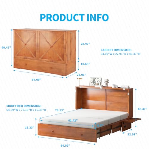 Queen Size Murphy Bed with Tri-Folding Mattress and Charging Station T181