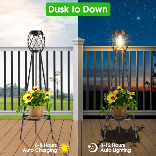 Solar Lights Outdoor with Plant Stands, Metal Tripod Patio Lamp B77585