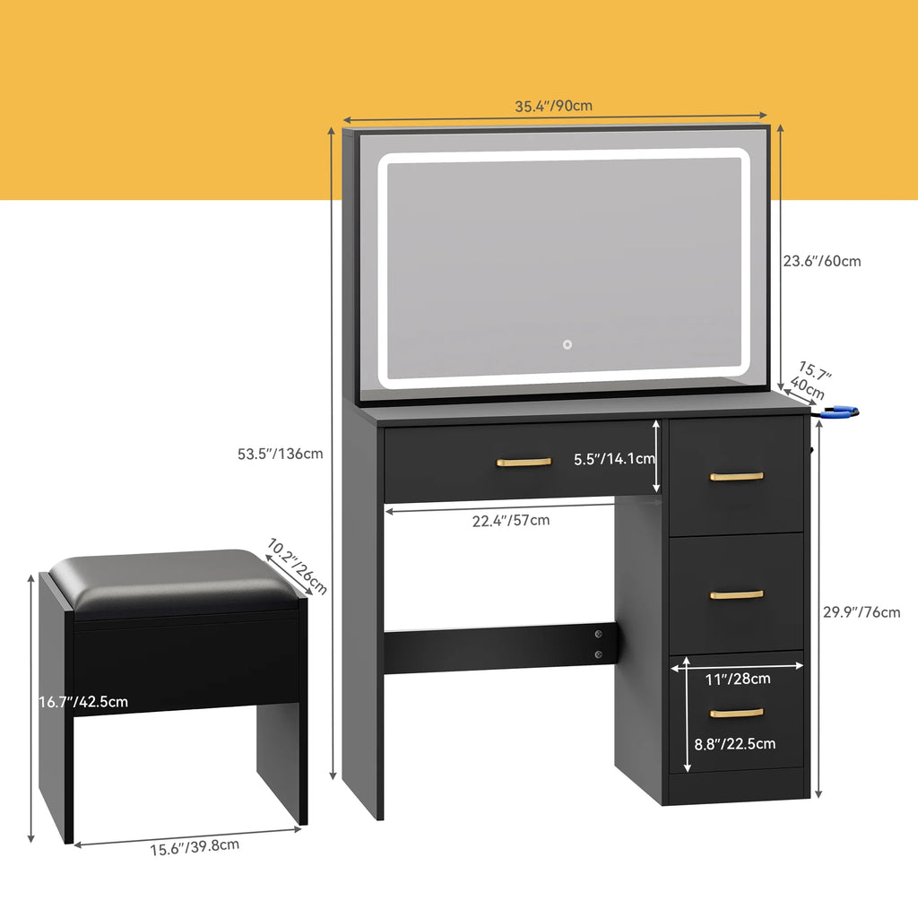 Charcoal Black Makeup Vanity Table with Large Mirror and LED Lights Z6814