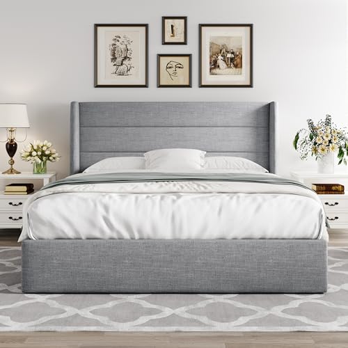 Full Size Lift Up Storage Bed with Wingback Headboard, Hydraulic Support, Light Beige P736605