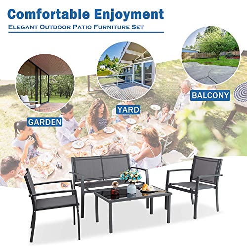 Patio Furniture Set with Glass Coffee Table, 4 Pieces, Black Q940
