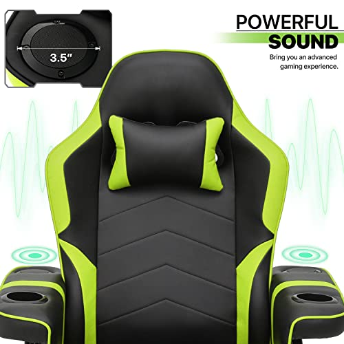 Massage Gaming Recliner Chair, 360° Swivel PU Leather, Adjustable Backrest, Footrest, Cup Holders, Bluetooth Speakers, Green X4845