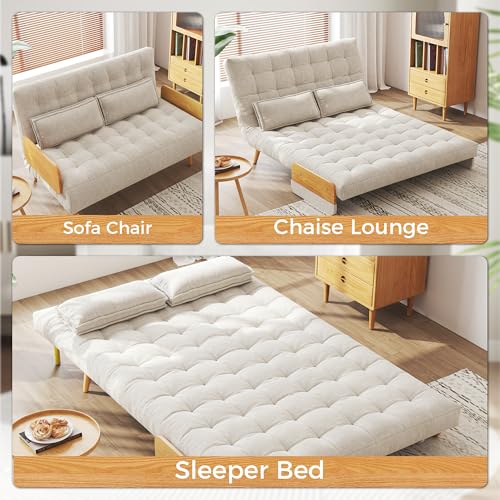 Convertible Chair Bed Sleeper for Adults, Linen with Wooden Arms & Pillows, Foldable Single Futon Sofa Bed Q683821