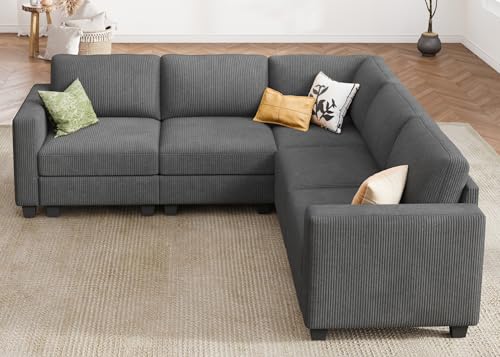 Corduroy Modular Sectional Couch with Storage, L-Shaped, 6 Seater, Dark Gray X823135