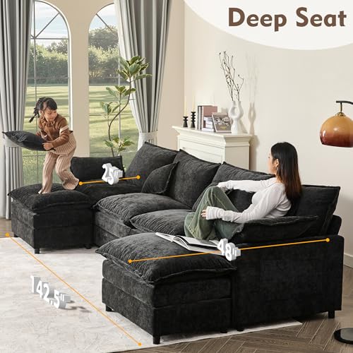 U Shaped Modular Sectional Sofa with Ottoman, Chenille, Black Z16537