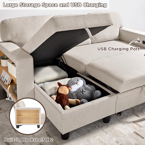 80" L-Shaped Sleeper Sectional Couch with Storage Chaise and USB Port H31043