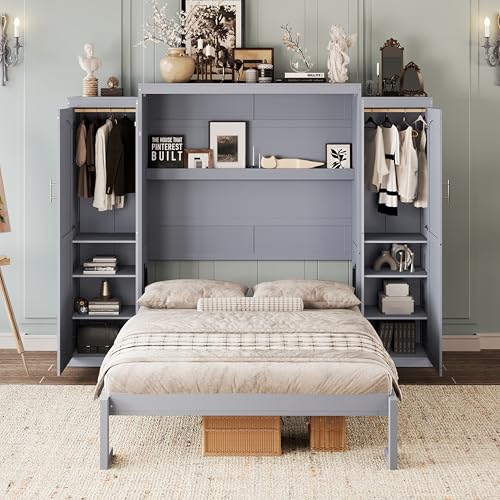 Murphy Bed with Two Wardrobes and Storage Shelf for Small Bedrooms A623