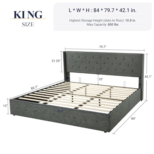Full Size Lift Up Storage Bed with Wingback Headboard, Hydraulic Support, Light Beige P736605