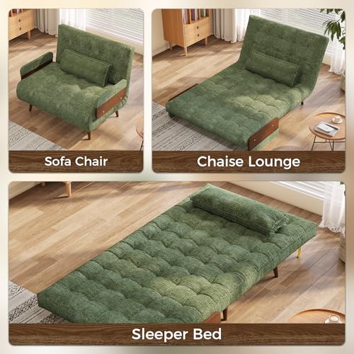 Convertible Chair Bed Sleeper for Adults, Linen with Wooden Arms & Pillows, Foldable Single Futon Sofa Bed Q683821
