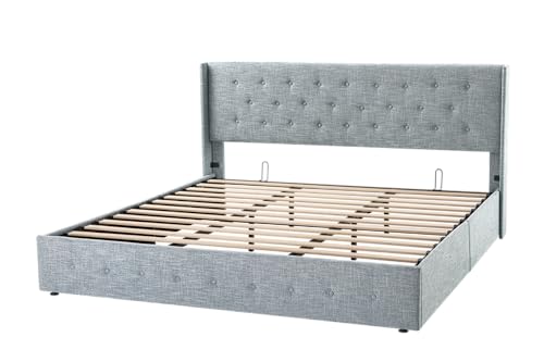 Full Size Lift Up Storage Bed with Wingback Headboard, Hydraulic Support, Light Beige P736605
