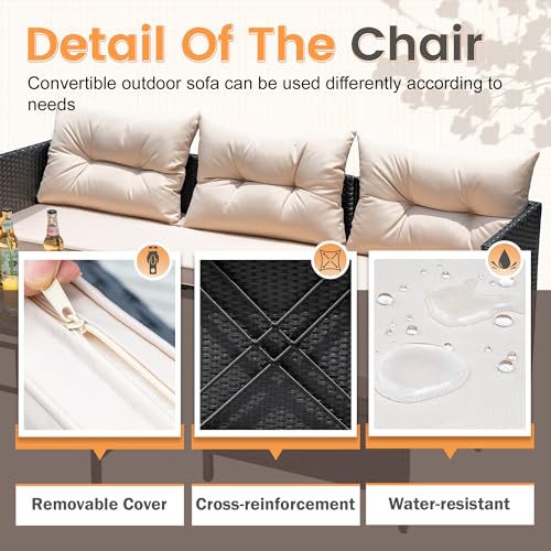 Outdoor Patio 3-Piece Rattan Sectional Sofa with Cushion and Glass Table A396028