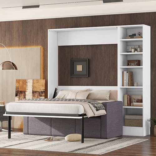Murphy Bed Queen Size with Cushion, Foldable Sofa Bed Frame with Slat Support, White C2974