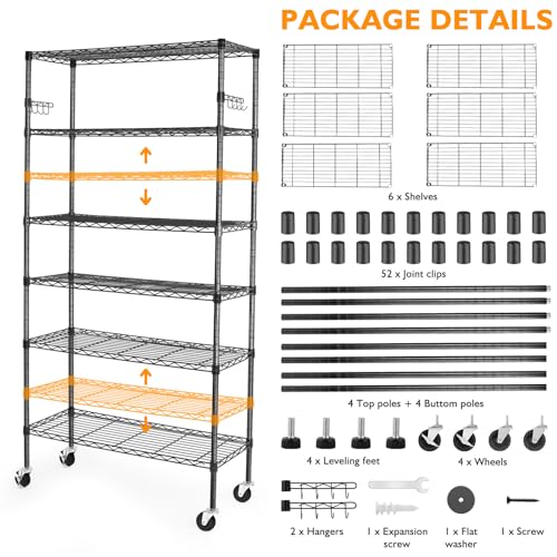 Heavy Duty 6-Tier Storage Shelves with Wheels, Adjustable Metal Wire Rack E412