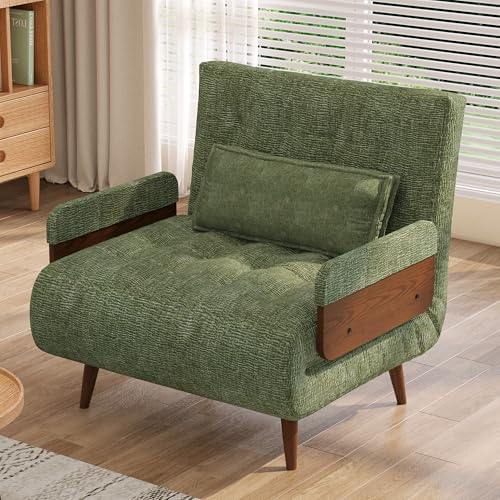 Convertible Chair Bed Sleeper for Adults, Linen with Wooden Arms & Pillows, Foldable Single Futon Sofa Bed Q683821