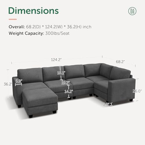 Corduroy Modular Sectional Couch with Storage, L-Shaped, 6 Seater, Dark Gray X823135