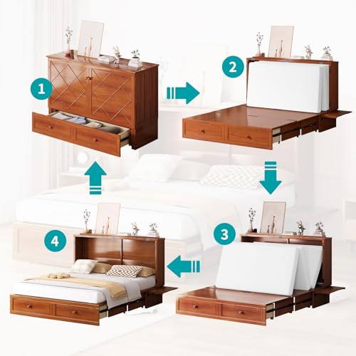 Queen Cabinet Cube Chest Bed with Tri-fold Mattress and Charging Station X329