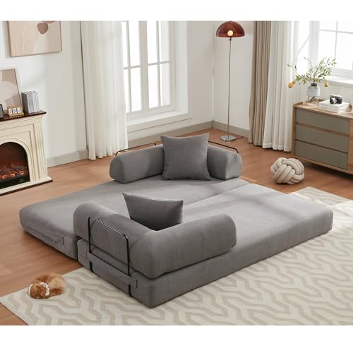 Corduroy Convertible Sleeper Sofa Bed with Pillow, Beige O72530