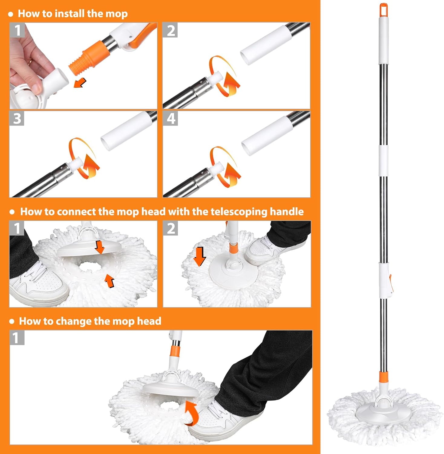 Spin Mop and Bucket with Wringer, Adjustable Handle, Stainless Steel Bucket with Wheels, 6 Microfiber Pads W465680