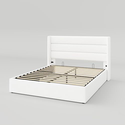 Full Size Lift Up Storage Bed with Wingback Headboard, Hydraulic Support, Light Beige P736605