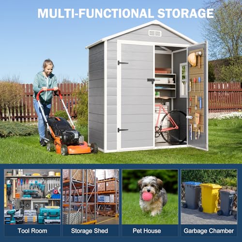 Resin Storage Shed, Waterproof Outdoor Tool Shed with Floor, Double Lockable Doors I89690