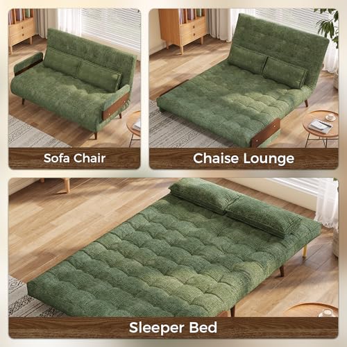 Convertible Chair Bed Sleeper for Adults, Linen with Wooden Arms & Pillows, Foldable Single Futon Sofa Bed Q683821