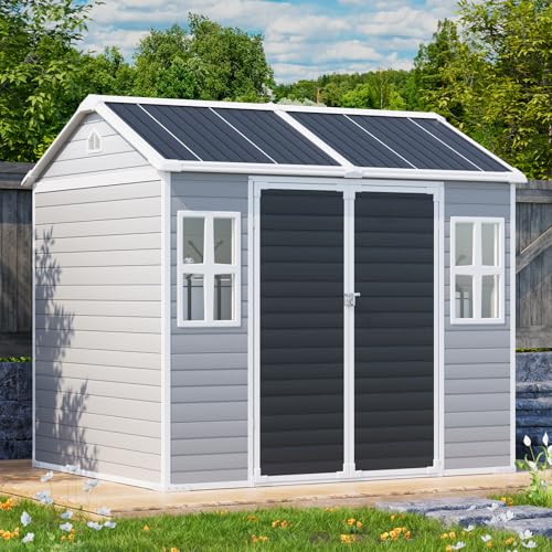 Outdoor Resin Storage Shed 8x4x6 FT with Floor, 2 Windows and Lockable Door Y450972