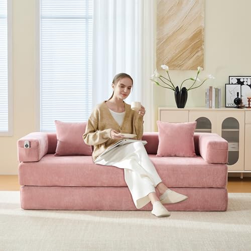 Corduroy Convertible Sleeper Sofa Bed with Pillow, Beige O72530