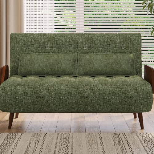 Convertible Chair Bed Sleeper for Adults, Linen with Wooden Arms & Pillows, Foldable Single Futon Sofa Bed Q683821