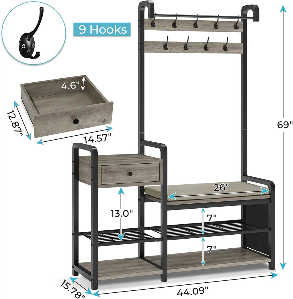 Hall Tree Entryway Bench with Shoe Rack, Coat Storage and Cushion H2209