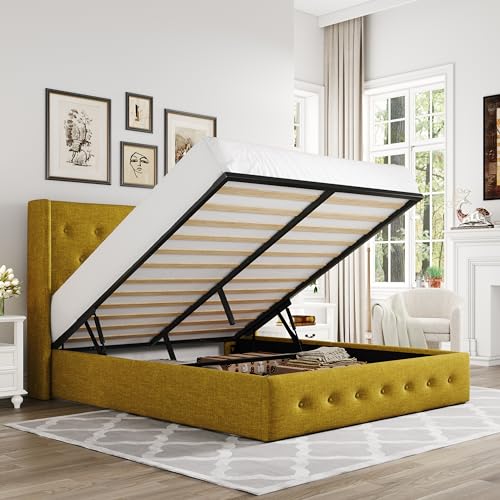 Full Size Lift Up Storage Bed with Wingback Headboard, Hydraulic Support, Light Beige P736605
