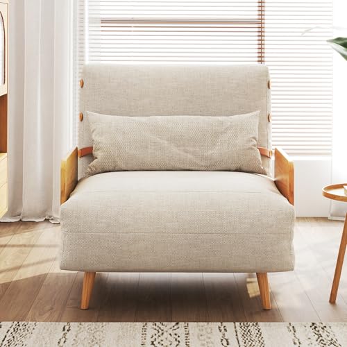 Convertible Chair Bed Sleeper for Adults, Linen with Wooden Arms & Pillows, Foldable Single Futon Sofa Bed Q683821