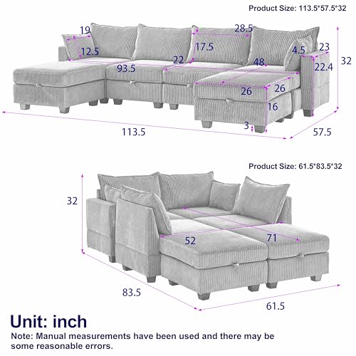 Modular Storage Sectional Sofa with Movable Ottomans, U-Shaped Chenille U839651