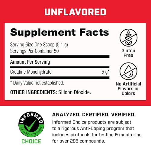 Creatine Monohydrate Powder, 5g Per Serving, 50 Servings G59508