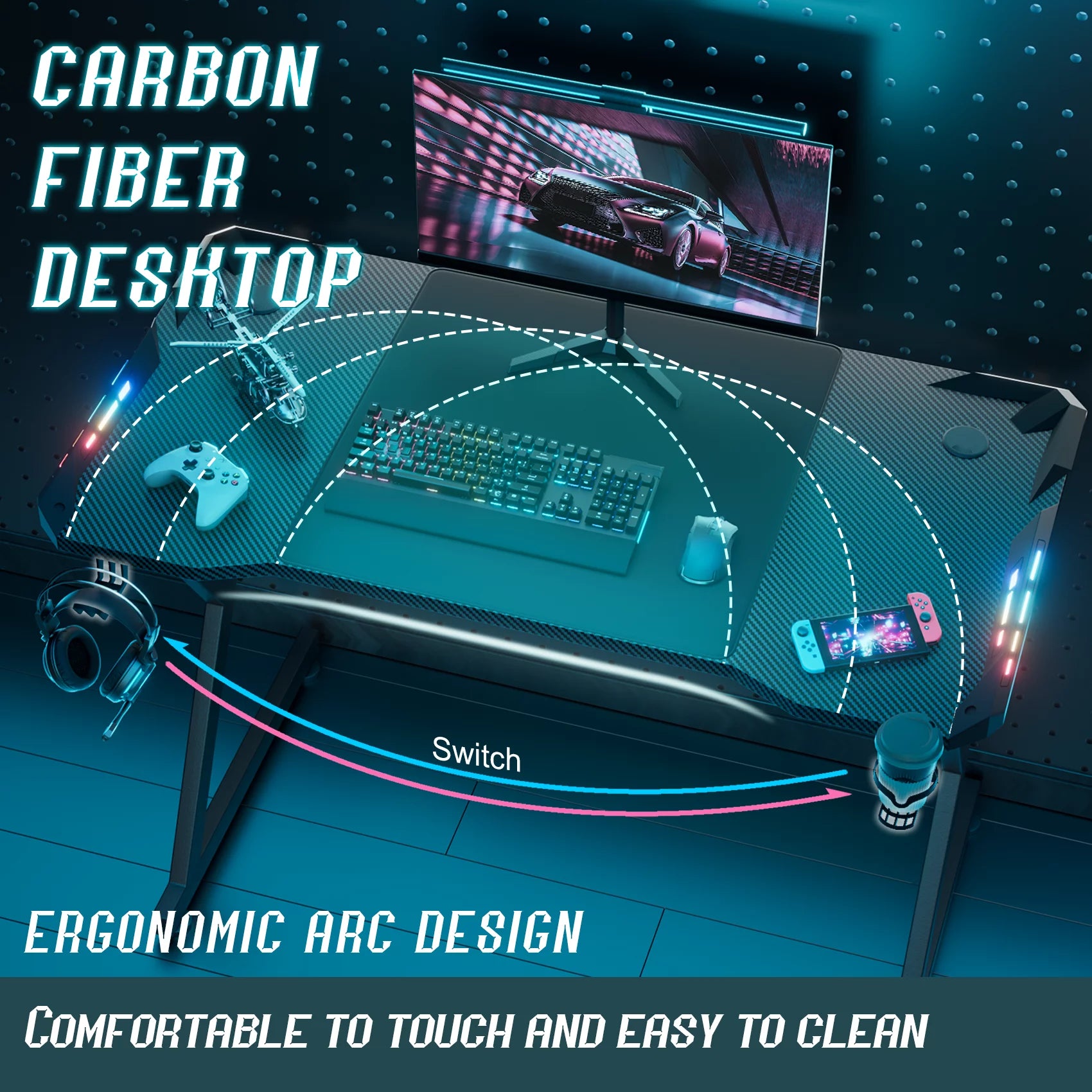55 Inch Gaming Desk with LED Lights and Carbon Fibre Surface B58941