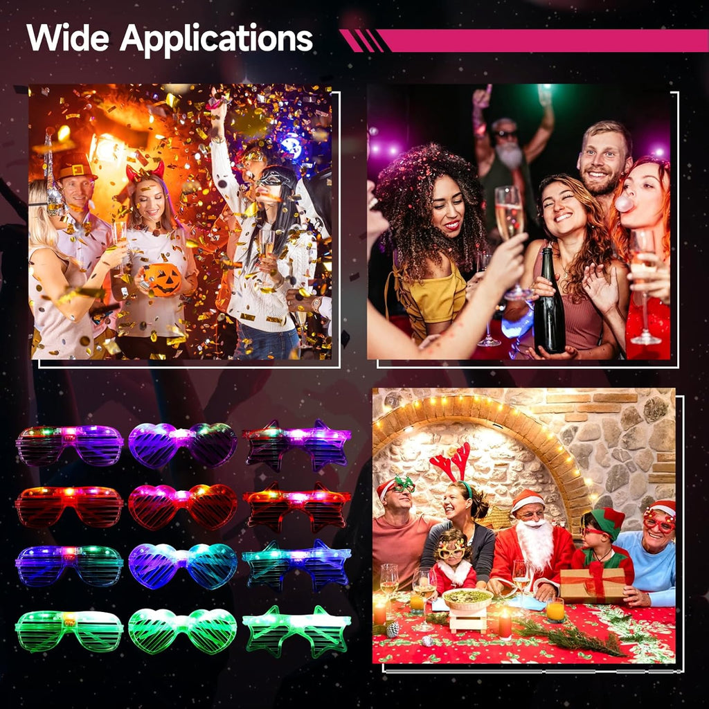 LED Glasses, 3 Shapes Shutter Shades, 4 Colors, Glow in The Dark Party Favors F204
