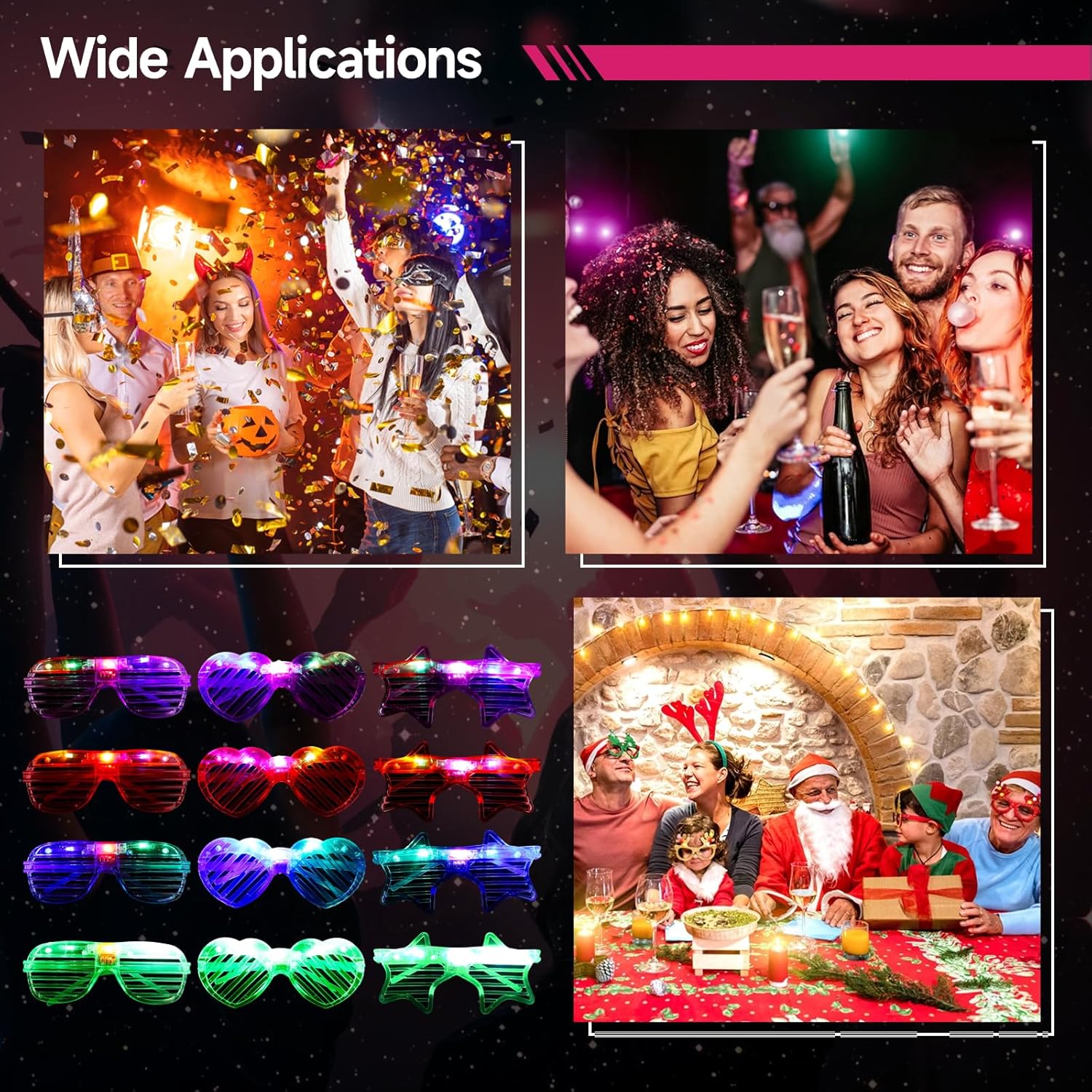 LED Glasses, 3 Shapes Shutter Shades, 4 Colors, Glow in The Dark Party Favors F204