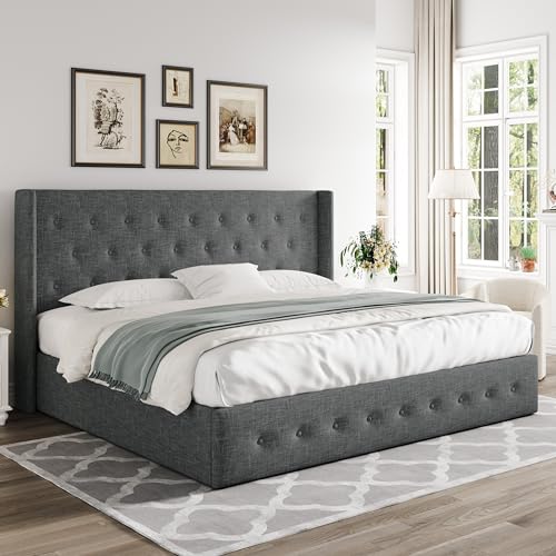 Full Size Lift Up Storage Bed with Wingback Headboard, Hydraulic Support, Light Beige P736605