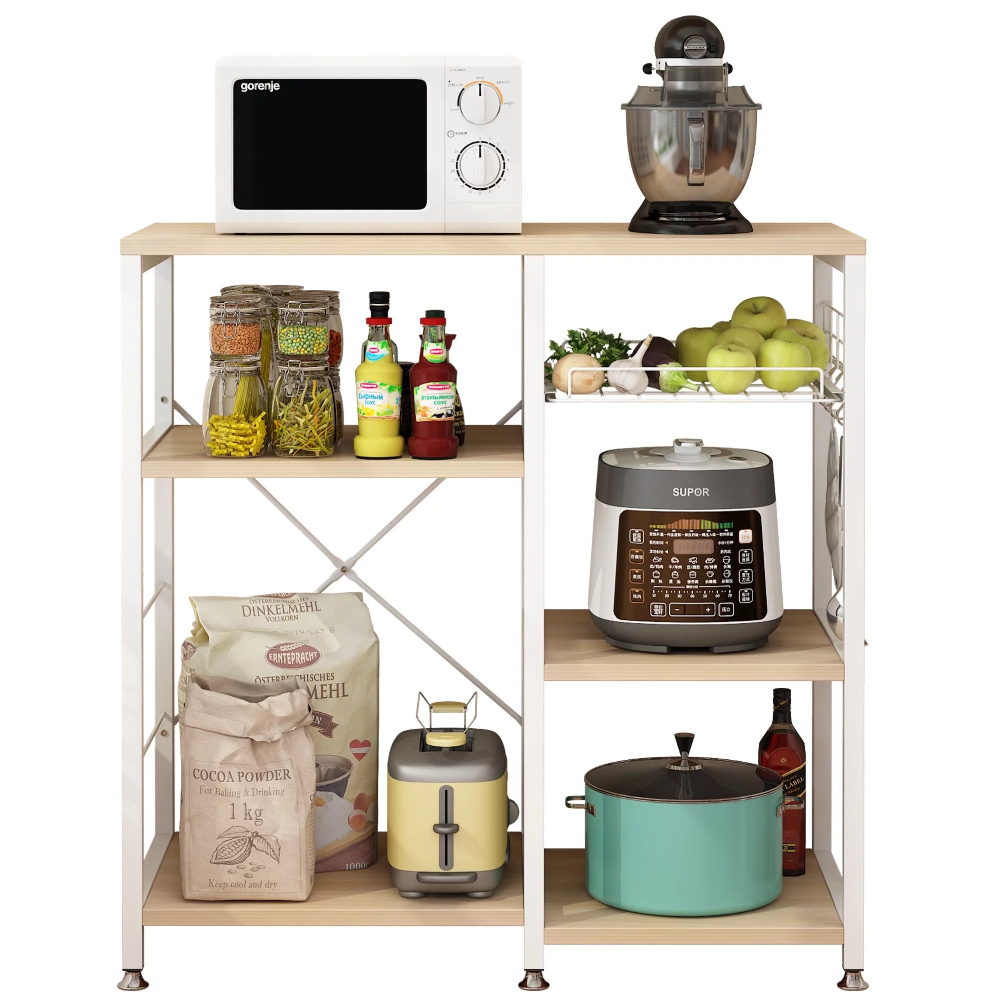 Kitchen Microwave Oven Stand with Basket, Industrial Shelving Unit, White Oak Finish O9228