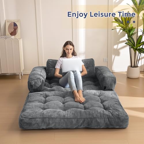 Folding Sofa Bed, L-Shaped Convertible Sleeper Couch with Armrest and Pillow, Dark Grey M375676